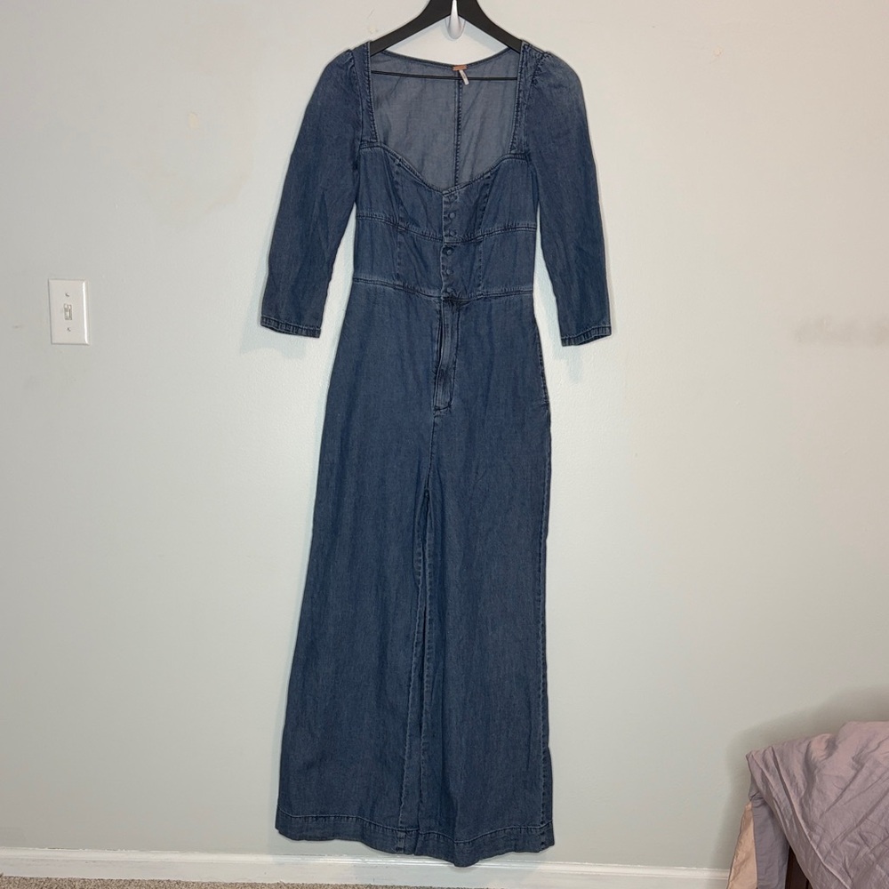 Free People Dark Blue Denim Jumpsuit